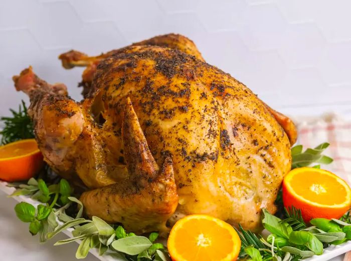 High-angle close-up of herb-roasted turkey on a serving platter, garnished with fresh herbs and orange slices