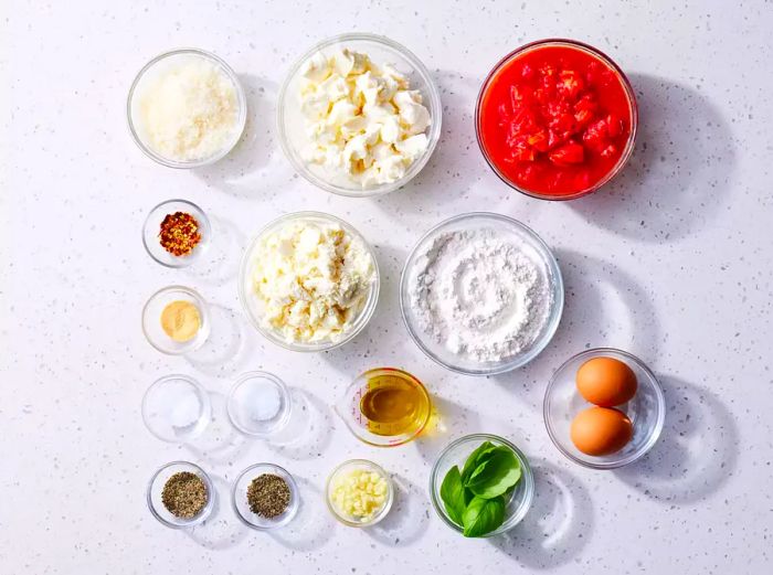 Ricotta Gnocchi ingredients arranged in glass bowls