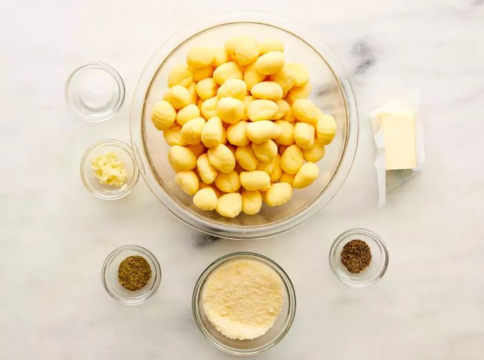 All ingredients prepared for making gnocchi with sage-butter sauce.