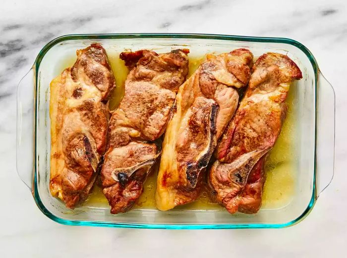 Ribs in a clear glass baking dish