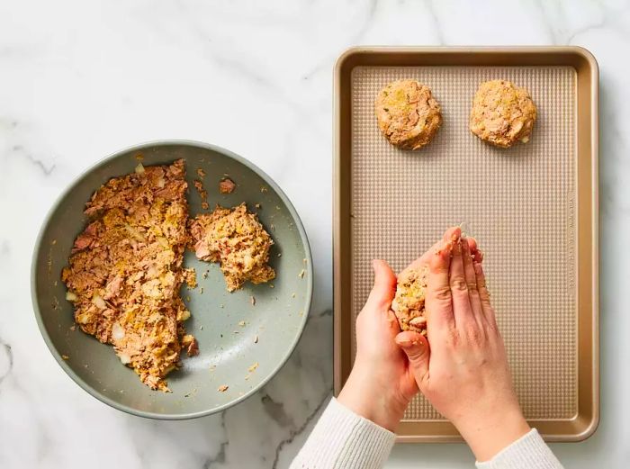 shaping the tuna mixture into 8 patties