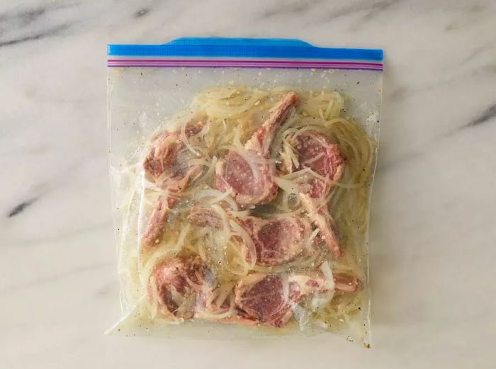 Lamb chops marinating in a bag