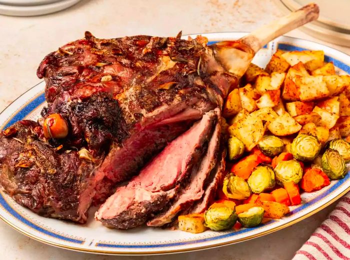 Completed Roast Leg of Lamb with roasted vegetables.