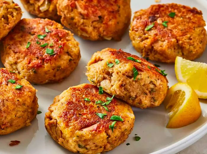 tuna patties presented on a plate with fresh lemon wedges