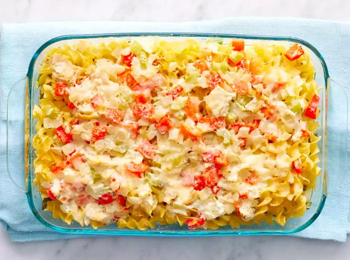 A top-down view of a baked Asparagus and Chicken Casserole in a dish