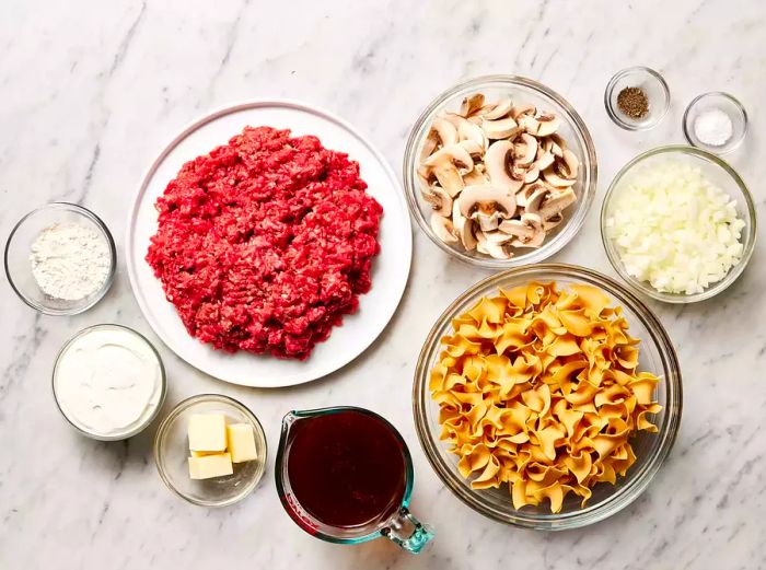 All ingredients ready for making beef stroganoff.