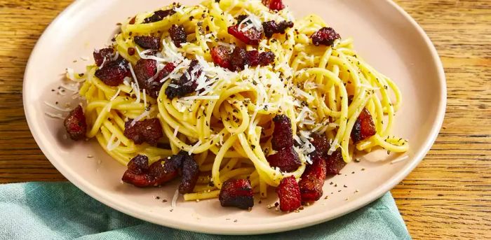 high angle shot of a plate of spaghetti alla carbonara