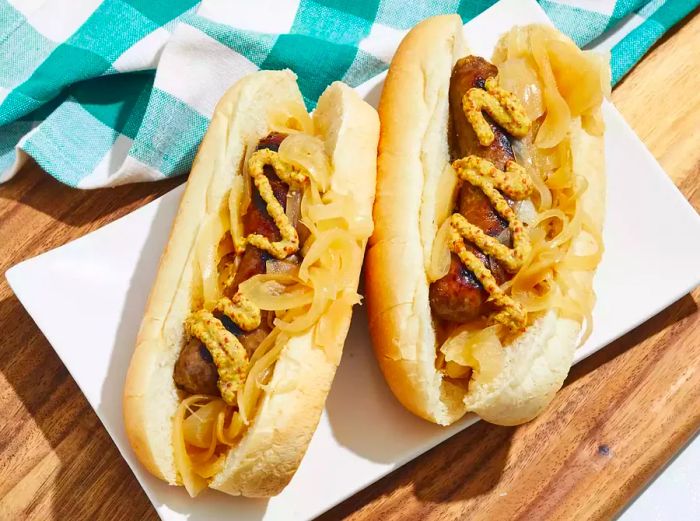 A close-up of two Wisconsin bratwurst on a plate, topped with onions and mustard