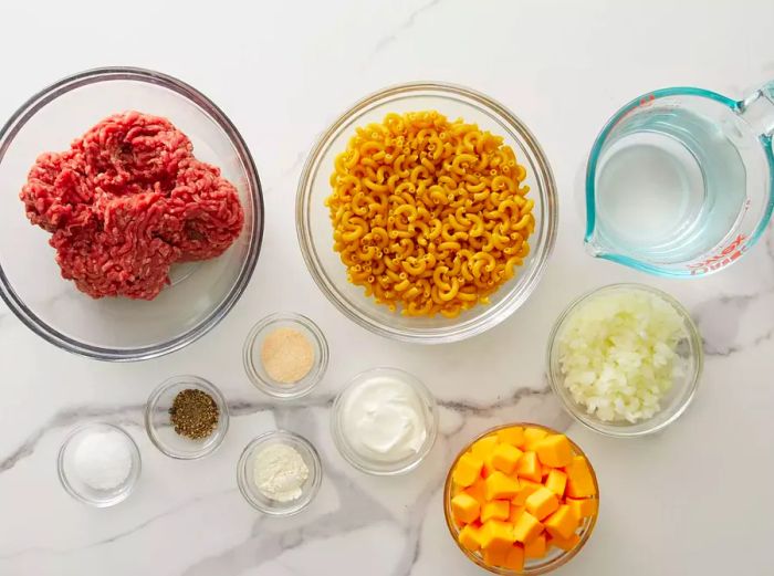 All ingredients arranged in glass bowls, viewed from above