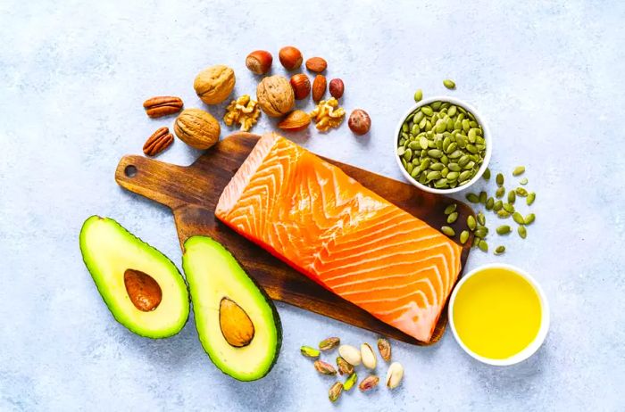 Foods rich in healthy fats. A top-down view.