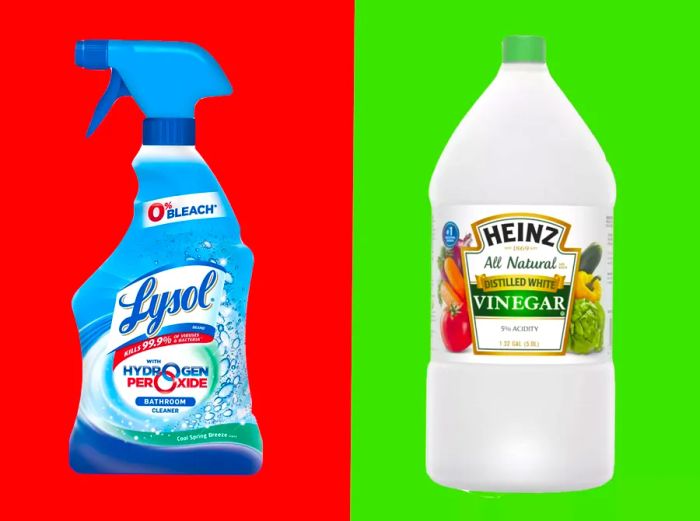 A bottle of Lysol on a red background next to a bottle of vinegar on a green background