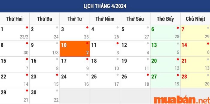 Tháng 4 năm 2024 có tổng cộng 30 ngày theo lịch Dương