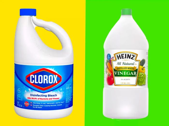 a bottle of bleach on a yellow background next to a bottle of vinegar on a green background