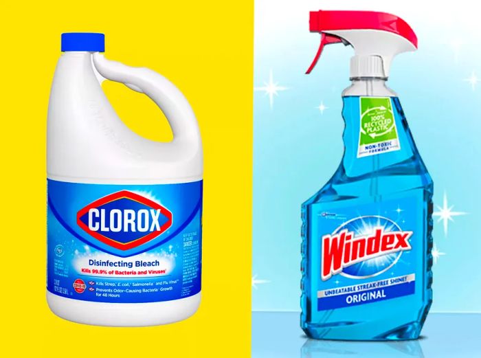 A jug of bleach on a yellow background next to a bottle of Windex on a blue background