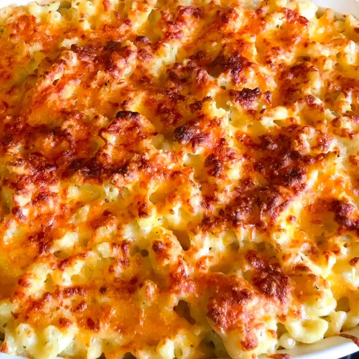 Close-up shot of a creamy, Five-Cheese Baked macaroni and cheese in a white baking dish.