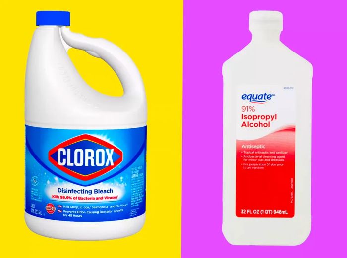 A bottle of Clorox bleach on a yellow background next to a bottle of rubbing alcohol on a purple background