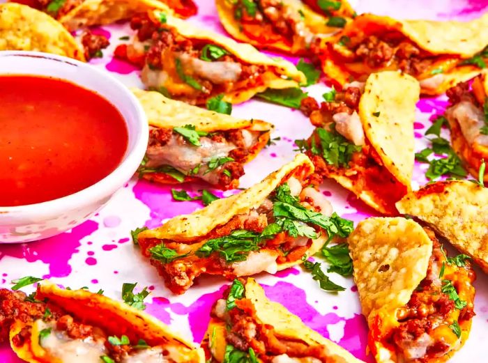 Tiny tacos made from round tortilla chips, served on a pink splatter-pattern plate with a bowl of taco sauce on the side.