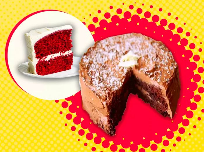 A slice of mahogany cake next to a slice of red velvet cake, set against a bold red and yellow background.