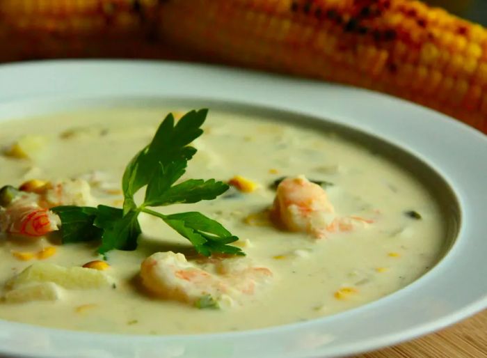 Roasted Corn and Poblano Chowder with Shrimp