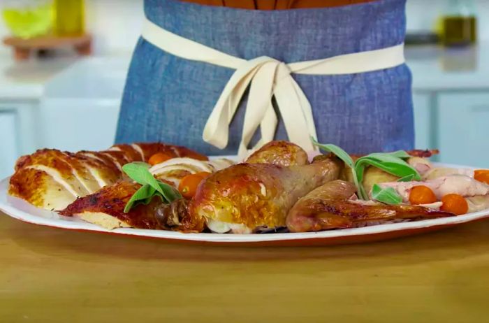 Carved turkey arranged on a platter with fresh sage and kumquats.