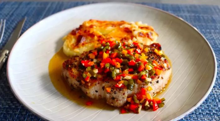 Peppercorn Pork Chops with Warm Pickled Pepper Relish