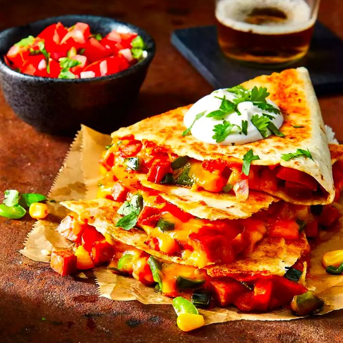 A close-up view of a few andouille sausage and poblano quesadillas