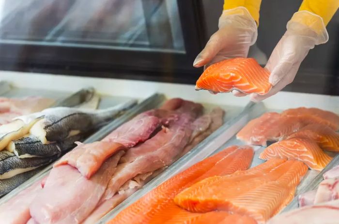 Fresh fish fillets available at a seafood market