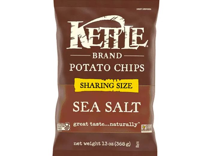 A front view of a bag of Kettle Brand Sea Salt Chips in the sharing size