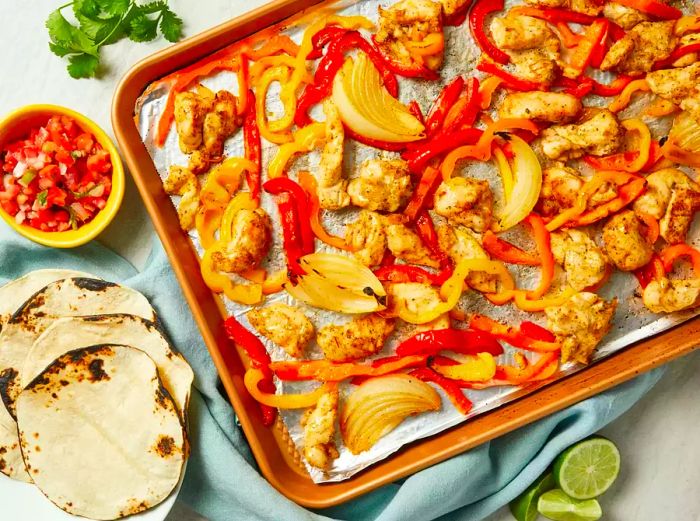 A close-up view of a sheet pan filled with sizzling chicken fajitas.