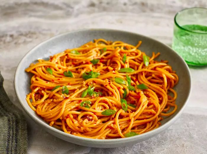 Close-up of a large bowl of garlic noodles