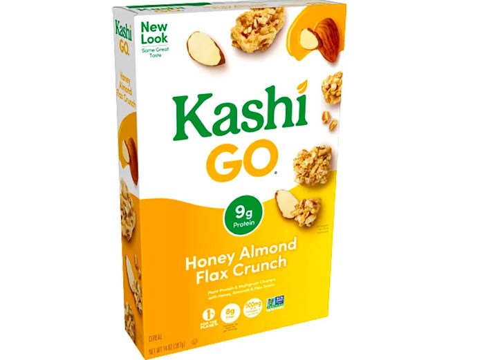 A front view of a Kashi Go Honey Almond Flax Crunch cereal box