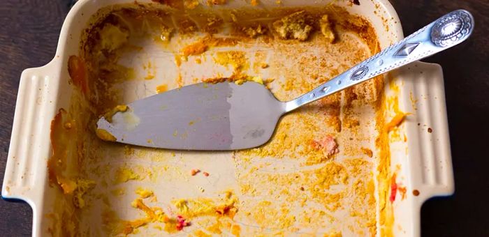 Dirty Cake Pan with Spatula on Dark Background