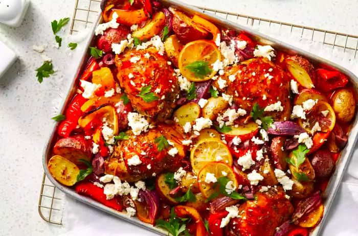 Chicken and Veggie Sheet Pan Feast with Olives and Feta