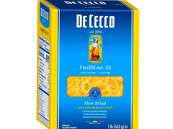 A front view of a De Cecco pasta box, featuring fusilli noodles