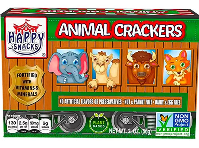 A front view of a box of Happy Snacks Animal Crackers