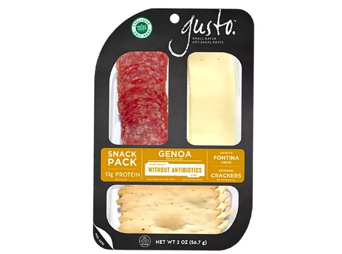 A front view of a Gusto snack pack containing salami, cheese, and crackers