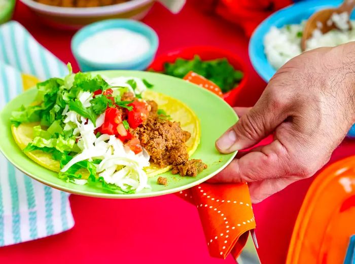 A hand holding a plate with a taco