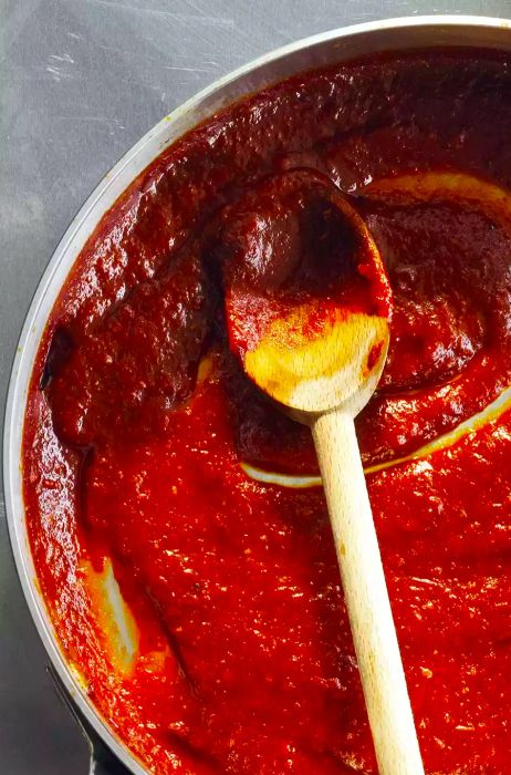 A wooden spoon resting in a pan of bright red tomato sauce.