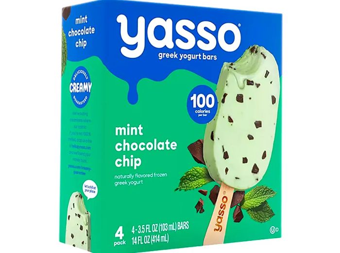 A side angle of a 4-pack box of Yasso Mint Chip Frozen Greek Yogurt Bars