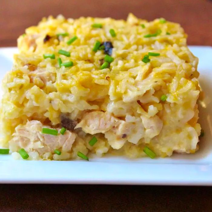 A plate of chicken and rice casserole