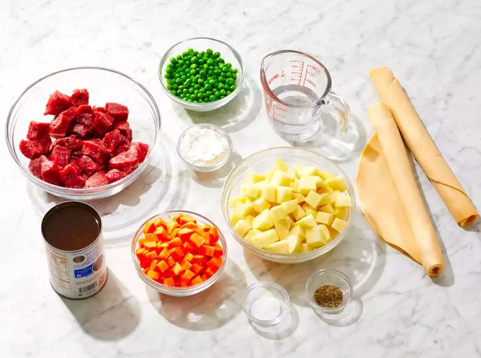 All ingredients are ready to prepare the beef pot pie.