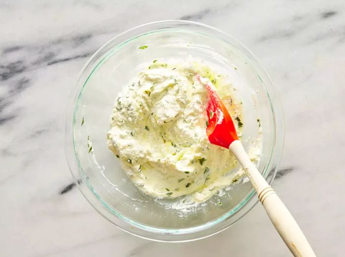 Ricotta mixture in a clear glass bowl