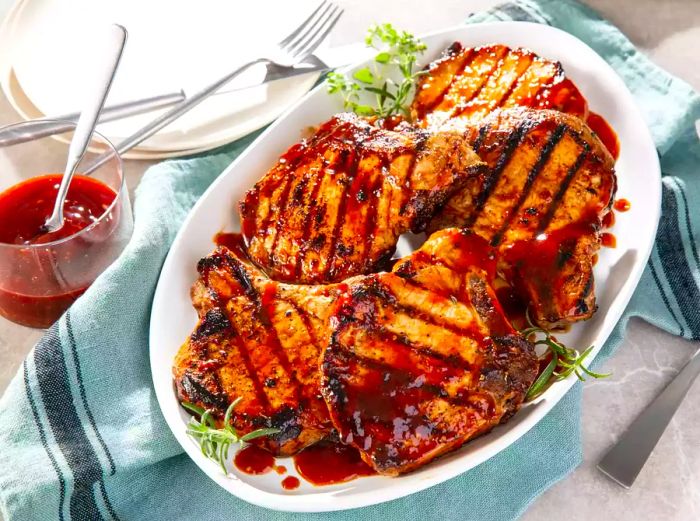 A family-style platter of the World’s Best Honey Garlic Pork Chops, garnished with extra glaze and fresh herbs for a beautiful presentation.