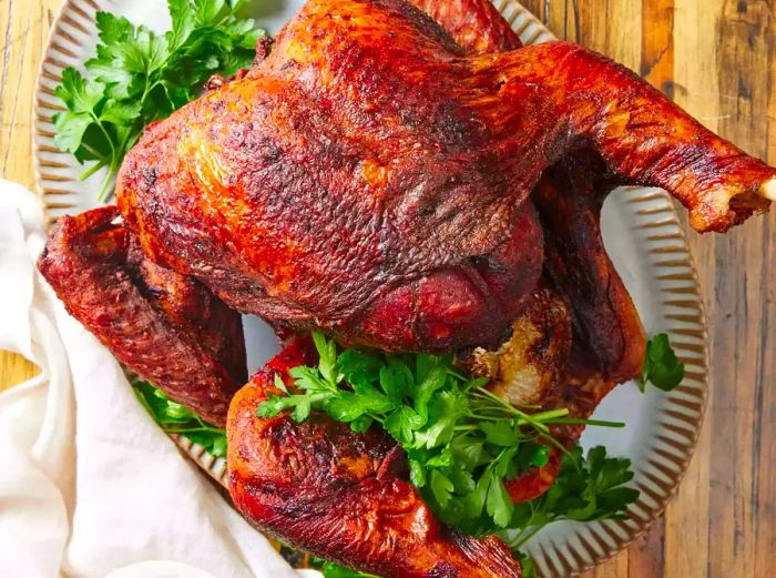 A golden, deep-fried turkey presented on a platter, garnished with fresh parsley sprigs.