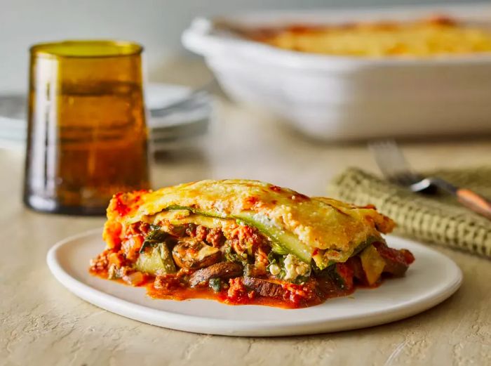 A plate of zucchini lasagna served on a white dish