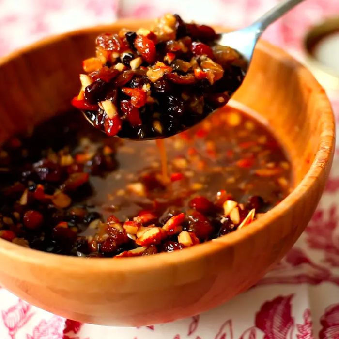 A wooden bowl filled with homemade mincemeat.