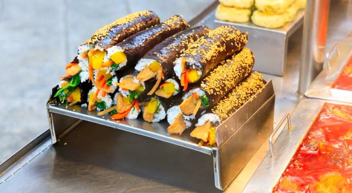 Kimbap is packed with a wide variety of fillings.