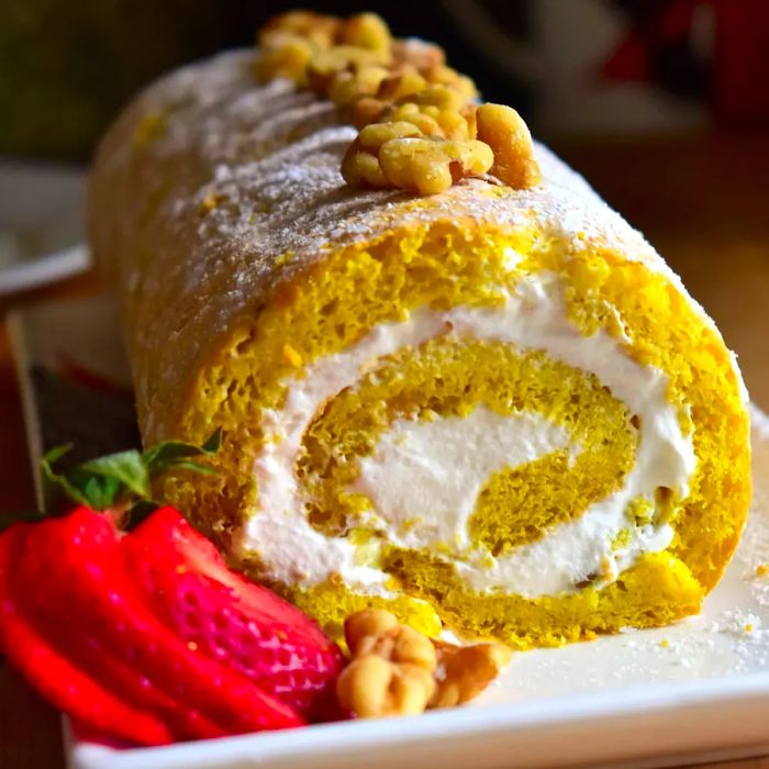 Walnut-Cream Roll with walnuts on a plate, garnished with sliced strawberries.