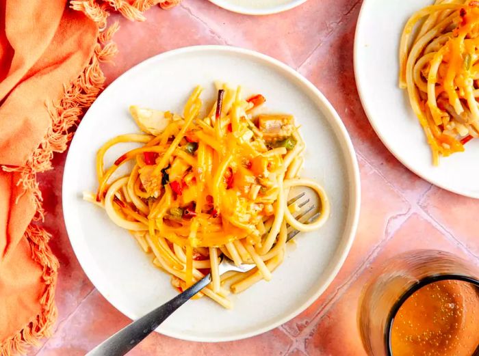 A plate of baked chicken spaghetti