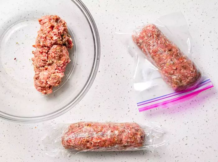 Three logs of seasoned ground pork, two wrapped in plastic wrap and one in a plastic bag